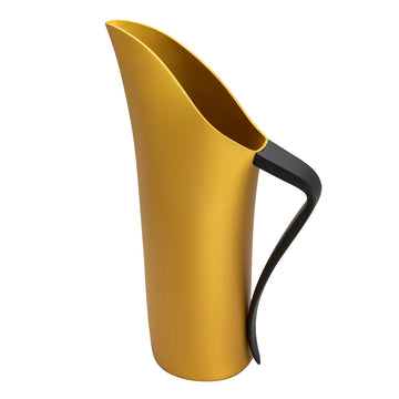 A gold water jug with a long open spout and curved black handle.