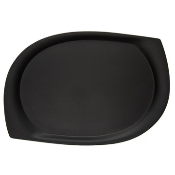 A black tray in an abstract rectangle shape with curved edges leading to two points in opposite corners.