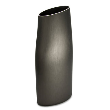 A tall charcoal vase that tapers out and back in again at the sides.