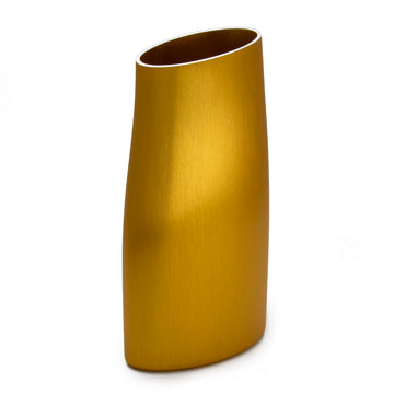 A tall gold vase with a silver edge and curved sides.