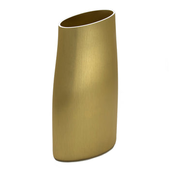 A tall gold vase with a silver edge at the top and curved sides.