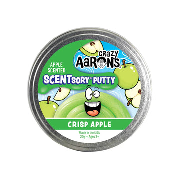 A round silver container with the heading 'Crazy Aaron's Apple Scented Scentsory Putty' on a green background.