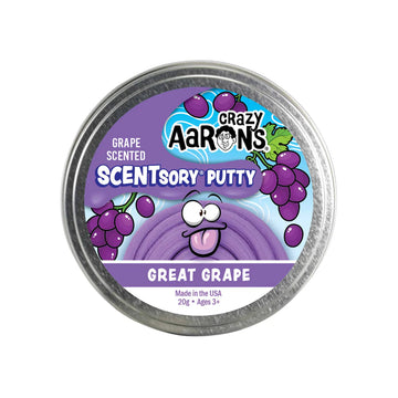 A round silver container with the heading 'Crazy Aaron's Grape Scented Scentsory Putty' on a purple background.