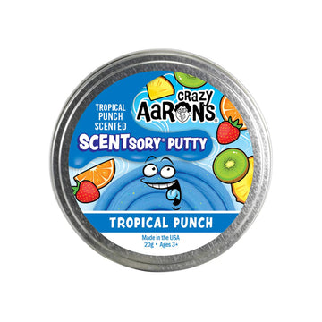 A round silver container with the heading 'Crazy Aaron's Tropical Punch Scented Scentsory Putty' on a blue background.