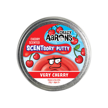 A round silver container with the heading 'Crazy Aaron's Cherry Scented Scentsory Putty' on a red background.