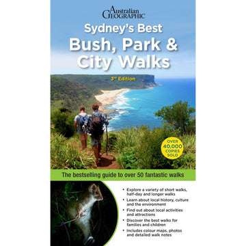 'Sydney's Best Bush, Park and City Walks' book cover featuring a photo of two people bush walking down a hill towards the beach at the bottom. Underneath is photo of a possum at night in a tree and text about the book. 