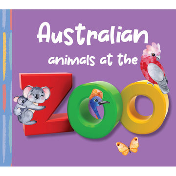 'Australian Animals at the Zoo' book cover featuring illustrated koalas, birds and a butterfly on and around the word 'Zoo'.