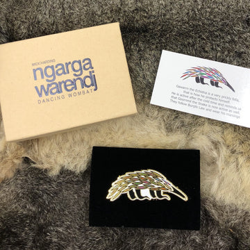 Enamel on metal black, white, green and red native Australian animal the echidna as a brooch. The echidna is in a standing position. 