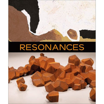 'Resonances' book cover featuring an abstract painting on the top half in brown, black and white. On the button half is a sculpture made from brown hexagon shapes.
