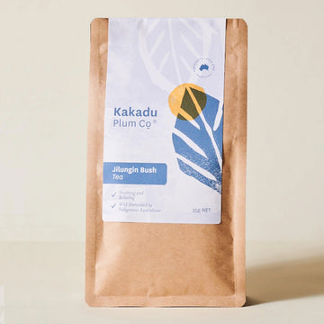 Tea Bush Jilungin 35 grams. Tan packaging with a white label and blue writing.