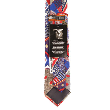 Tie featuring artwork by Norman Cox with a circular design in red and blue.