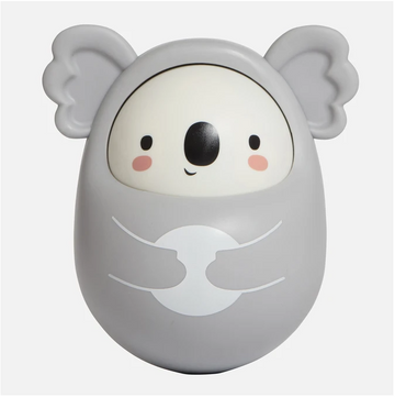 A plastic koala toy in the shape of an egg with ears and a face. There is also printed arms on the front.