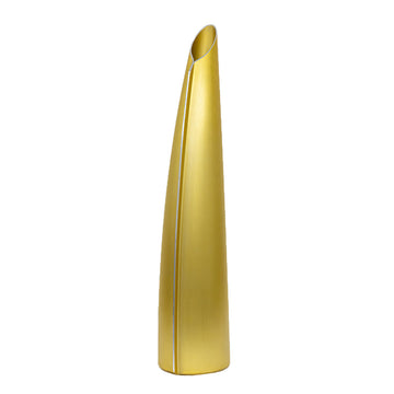 A tall triangular shaped single stem vase made from gold coloured aluminium.