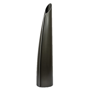 A tall triangular shaped single stem vase made from charcoal coloured aluminium.