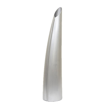 A tall triangular shaped single stem vase made from silver coloured aluminium.