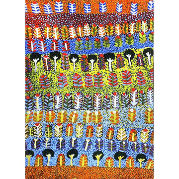 A tea towel is lying flat featuring artwork by Rosie Ngwarrin Ross of plants in multiple colours.