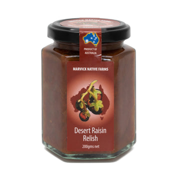 A jar of desert raisin relish with a label on the front. The product can be seen through the clear jar.