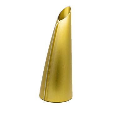 A tall triangular shaped single stem vase made from gold coloured aluminium.
