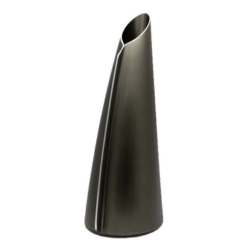 A tall triangular shaped single stem vase made from charcoal coloured aluminium.