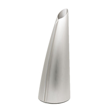A tall triangular shaped single stem vase made from silver coloured aluminium.