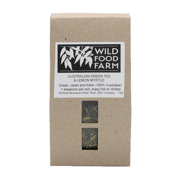 A brown packet of tea with a product label and two small clear windows to see the product inside.