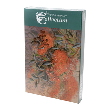 Box with a colourful artwork from a painting of a Eucalyptus Blossom tree with bright orange blossoms green leaves and down gumnuts