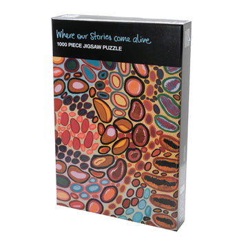 Box with a colourful Indigenous artwork depicting the country where the artist's father came from.