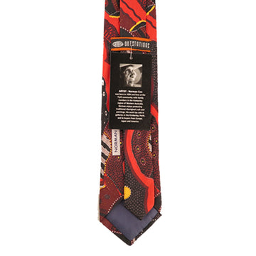 Australian made, polyester printed tie. Artwork by Norman Cox titled Kanga Story. Red, Maroon, black, tones. Large black, pink, circles within each other. Yellow circular shapes, dot art.