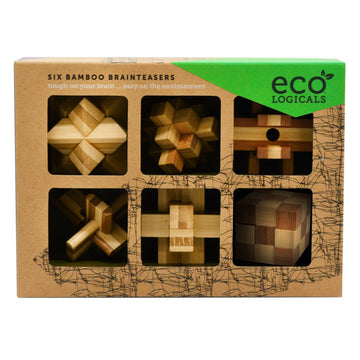 Six wooden puzzles are shown inside a brown box. Each puzzle is a different shape made up from squares