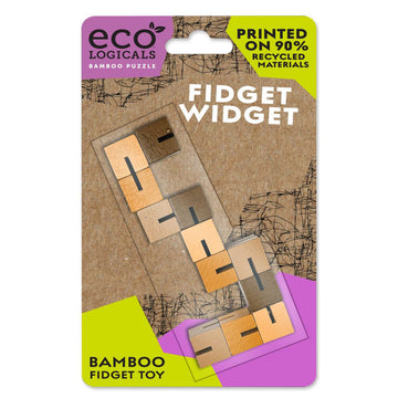 A bamboo puzzle which contains different coloured wood squares linked together is shown inside it's packaging.