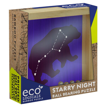 A wooden puzzle in the shape of a box features a silhouette of a bear with white stars connected with dashes.