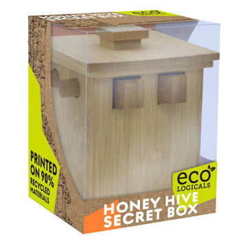 A wooden box in the shape of a hive is pictured in a plastic box.