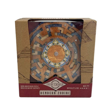 A round wooden puzzle in the shape of a maze is inside a box with a clear window. The text 'True Genius Dendera Zodiac' is written on the front of the box.