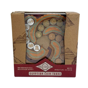 A wooden puzzle with coins inside of swirl shapes is inside a box with a clear window. The text 'True Genius Egyption Coin Trade' is written on the front.