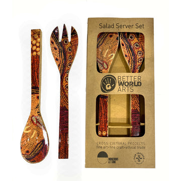 A pair of salad server utensils featuring brown artwork by Julie Woods. The salad servers are shown inside and outside their packaging.