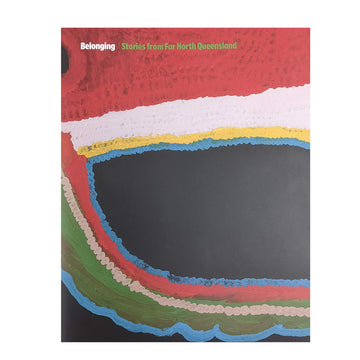 'Belonging' Book cover showing artwork in red, white, black with green and yellow.