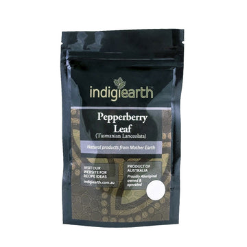 A black packet with the brand name 'indigiearth' at the top and product information below it with a brown Indigenous design underneath.