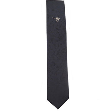 Front view of a tie featuring a subtle black pattern on the navy tie and an embroidered kangaroo symbol towards the top.