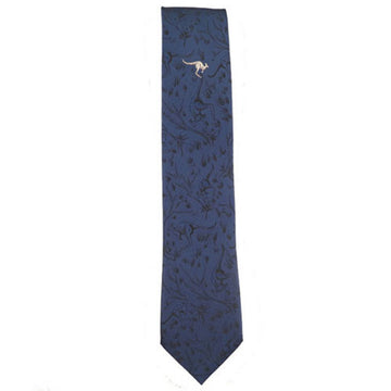 Front view of a blue tie with a subtle black pattern of kangaroos and an embroidered kangaroo towards the top.