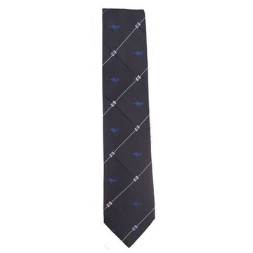 A navy blue tie with silver diagonal stripes and blue kangaroos printed.