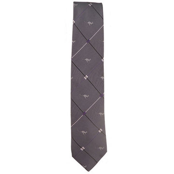Front view of a tie in grey with silver diagonal stripes with grey kangaroos between the lines.
