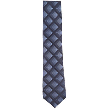 A blue tie with a diamond print with a subtle kangaroo print on top.