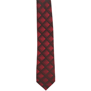 Front view of a red and black tie with a diamond print.