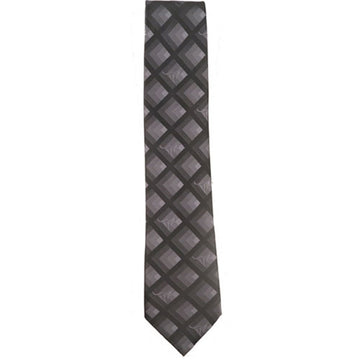 A grey and black tie with a diamond print and subtle kangaroo print on top.