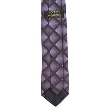 A black and purple tie with a diamond print and subtle kangaroo print on top.