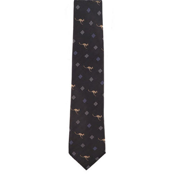 A navy tie with a repeated diamond and kangaroo print.