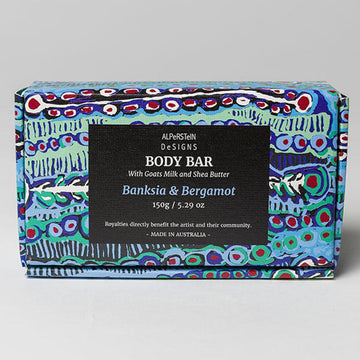 Soap box pictured featuring artwork by Murdie Morris in blue.