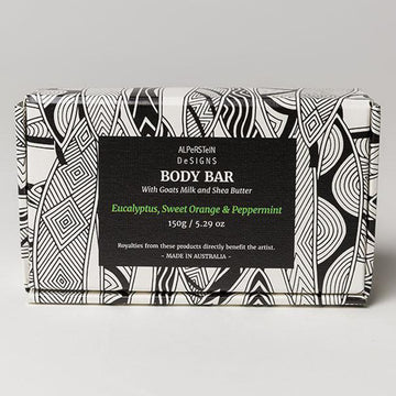 A soap box pictured featuring artwork by Ngarga Warendj in black and white.