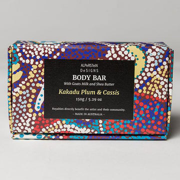 Soap box pictured featuring artwork by Elaine Warnatjura Lane in purple, brown and red.