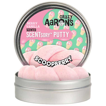 A silver round container with the text 'Crazy Aaron's Scented Scentsory Putty Scoopberry' with images of ice cream cones. There is a second container in front showing the pink putty inside.